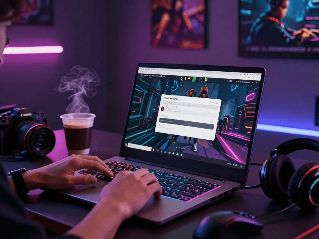rokok88 login displayed on a gaming laptop in an immersive setup with LED lights and coffee