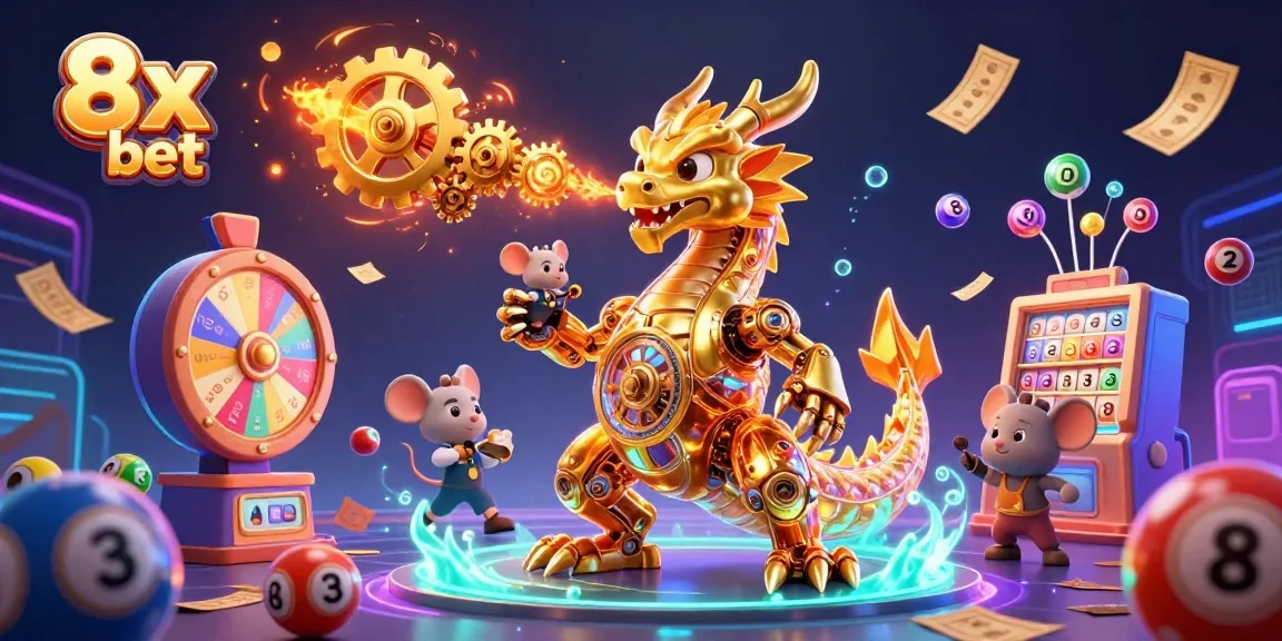 Experience the excitement of 8x bet with colorful lottery elements and a golden dragon illustration.