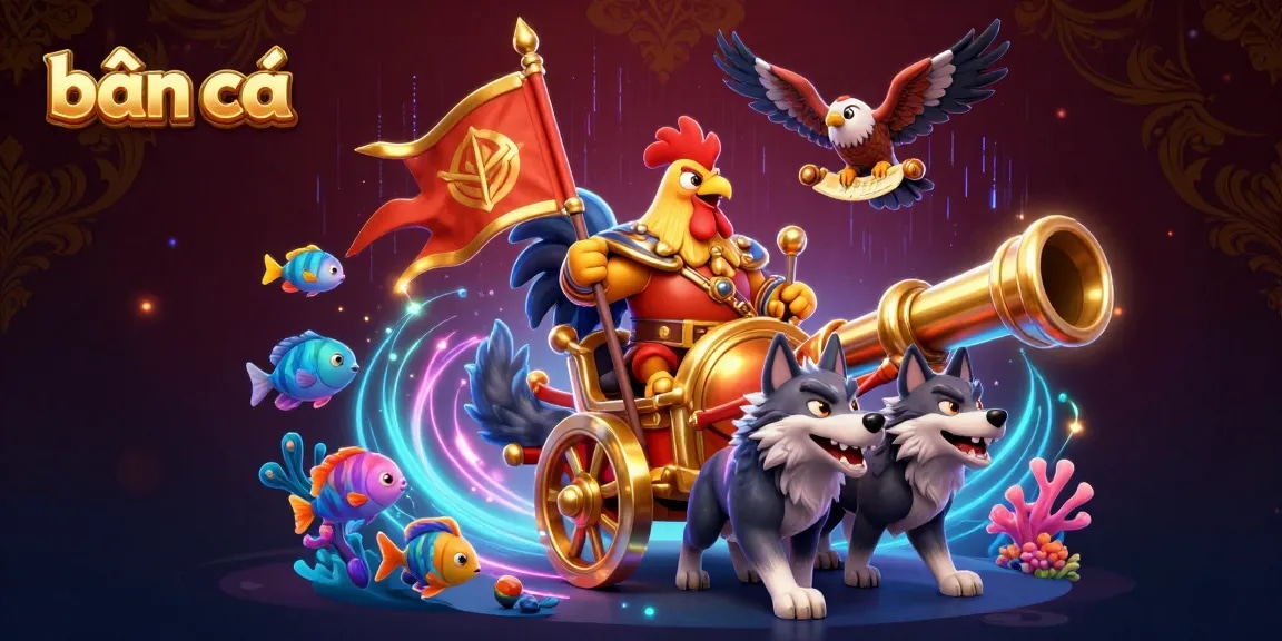 Experience the thrilling bắn cá game with vibrant sea creatures and fishing cannon in this action-packed illustration.