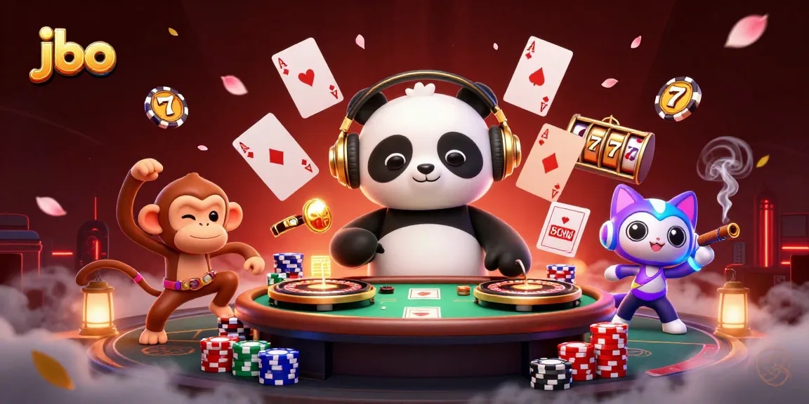 JBO players enjoying a vibrant online casino experience with lively characters and immersive gaming elements.