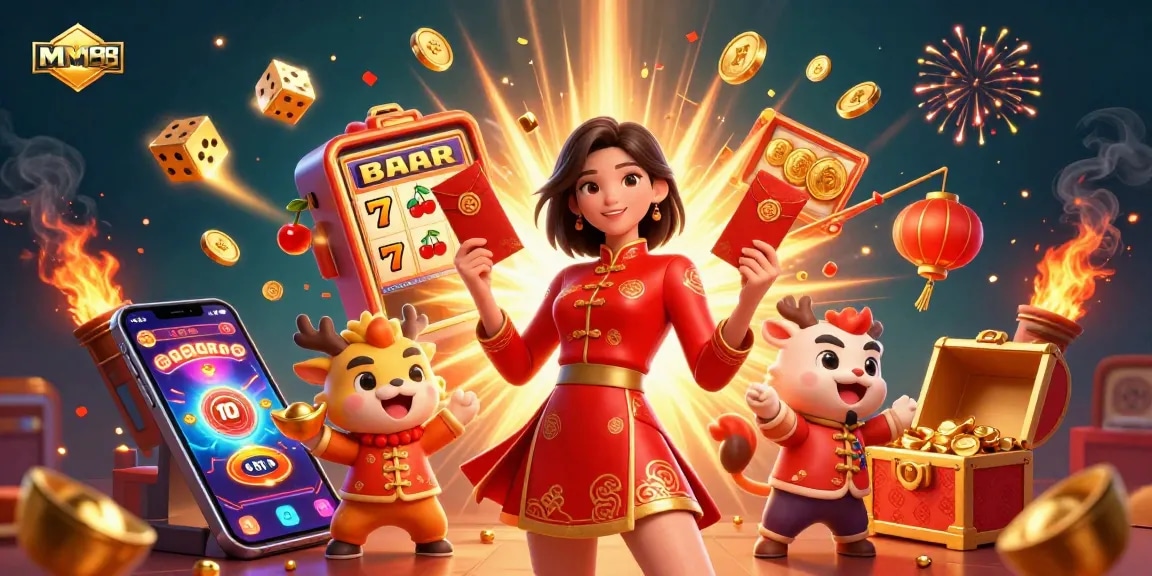Experience the vibrant festivities of MM88 with a striking casino-themed illustration showcasing a Lunar New Year celebration, bursting with color and gold.