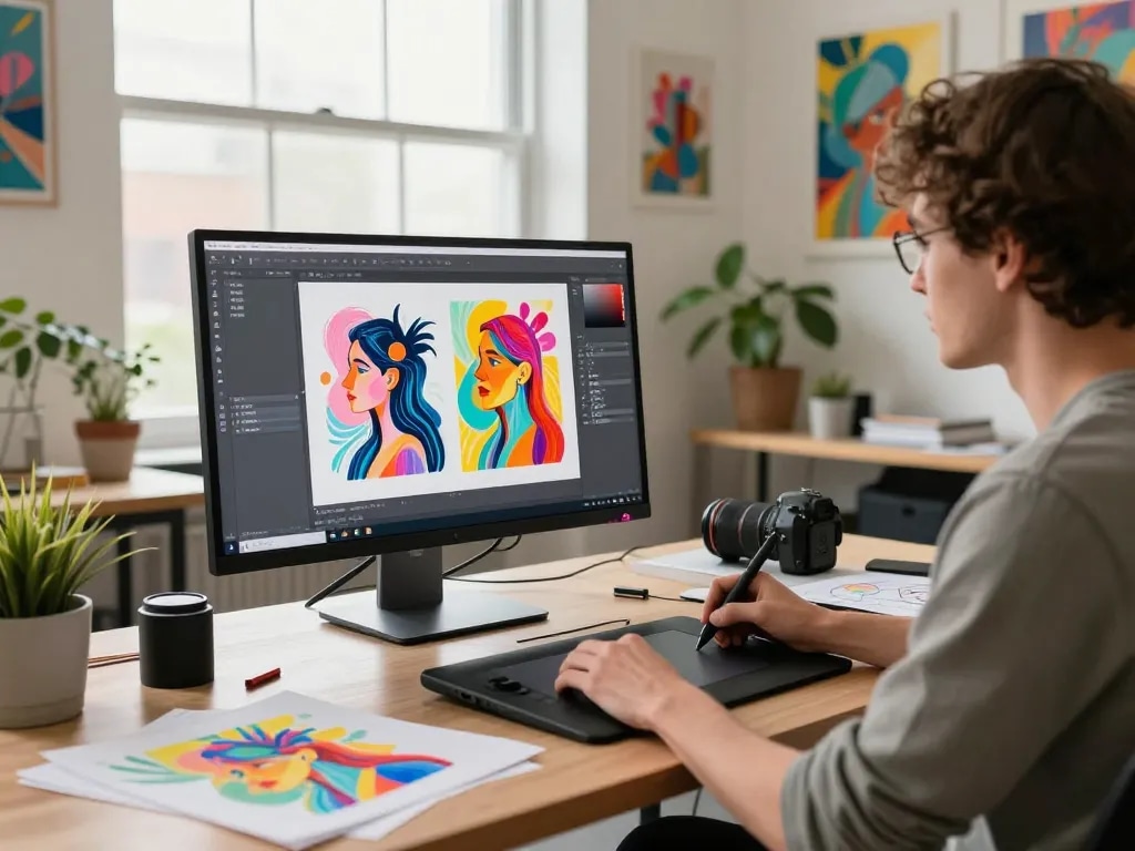 Dynamic scene of artist creating spicy AI-generated art in a modern studio.