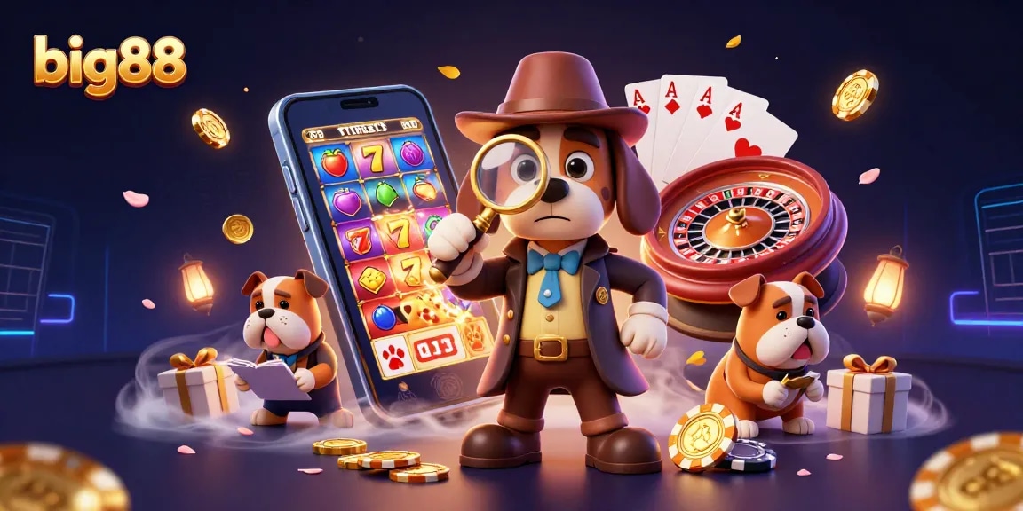 Engage with big88 as a cartoon detective duo unearths casino treasures in a vibrant scene.