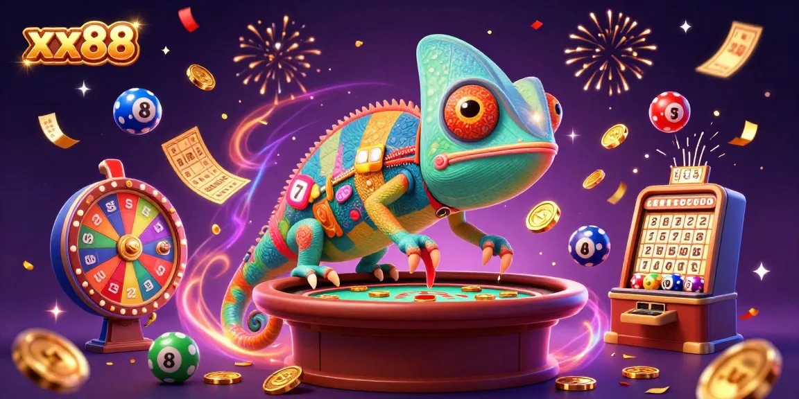 Experience thrilling gaming action with xx88 casino vibes, featuring a colorful chameleon casino owner and dynamic lottery elements.