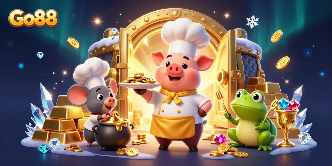 Go88's vibrant illustration showing a chef pig and friends serving treasures in an exciting casino scene.