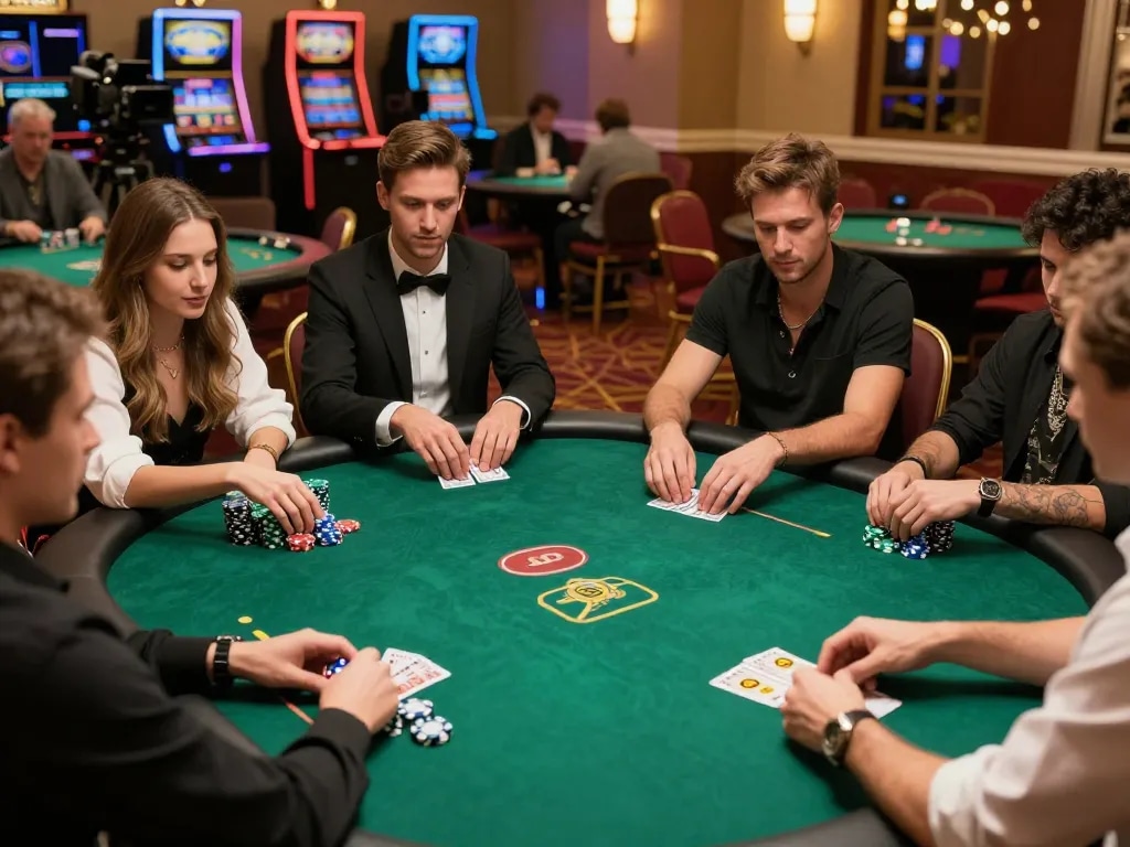 Fly 88 poker players strategizing bets around a casino table in an upscale venue