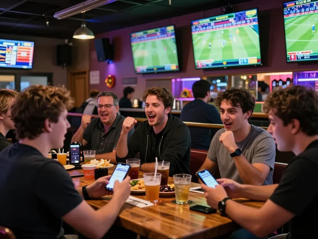 Engaging in sports betting at a lively bar, following keo nha cai hom nay for real-time updates.