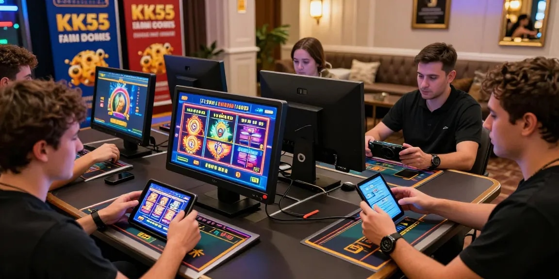 Exciting KK55 online gambling platform featuring players engaged in vibrant digital slots.