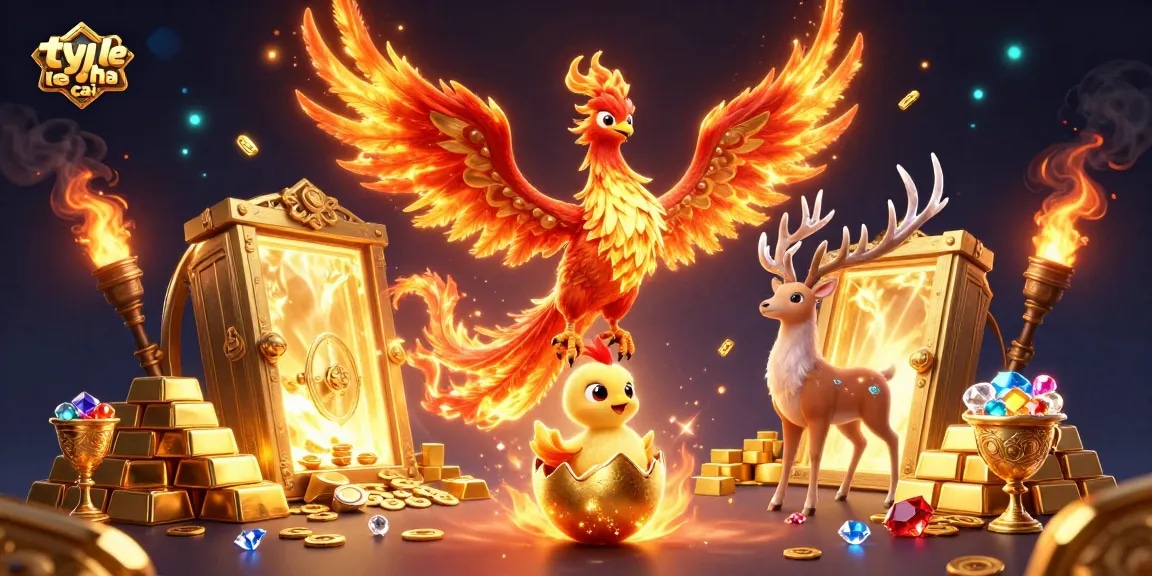 Engage with ty le nha cai as a fire phoenix and baby phoenix soar, surrounded by dynamic gambling riches.
