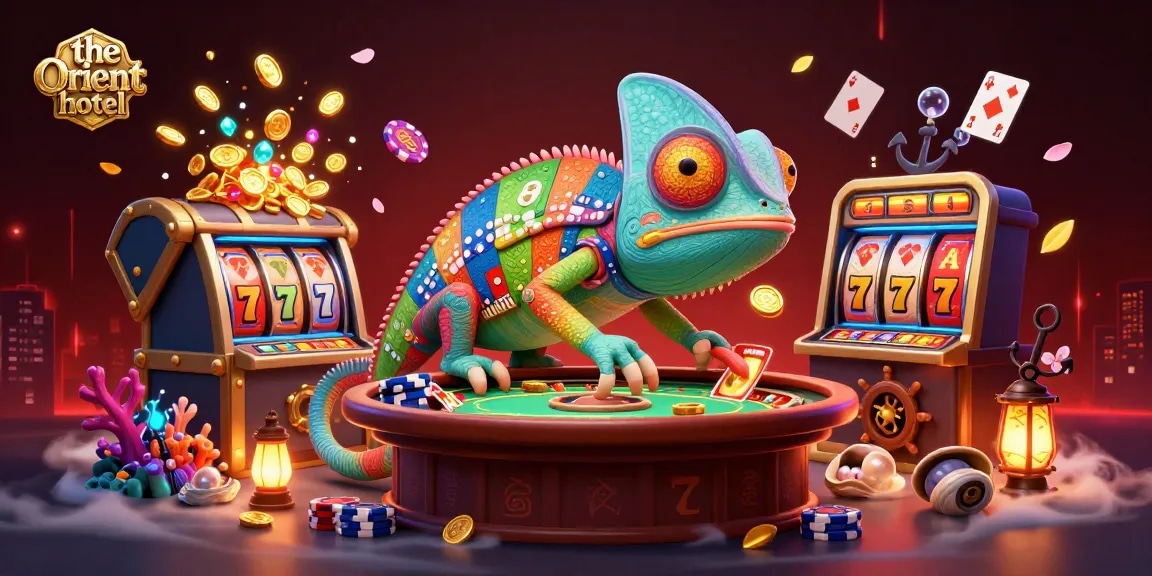 Theorienthotel offers a vibrant casino experience with a colorful chameleon owner amidst dynamic slot reels and luminous underwater treasures.
