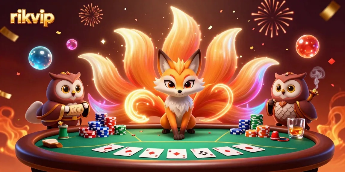 Engage with rikvip’s vibrant casino universe featuring a fox spirit and poker elements.
