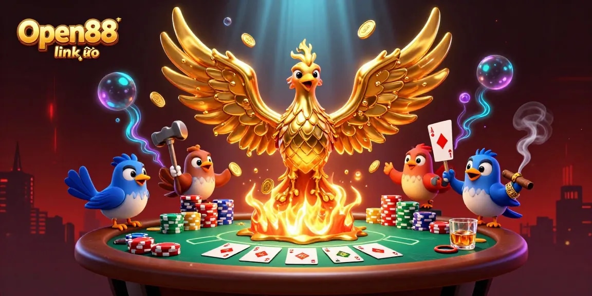 Experience thrilling gameplay with Open88 link vào, featuring a vivid 3D scene of a golden phoenix and poker elements.