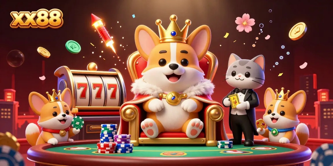 Experience exciting moments at xx88 with a royal corgi themed casino illustration featuring poker elements.