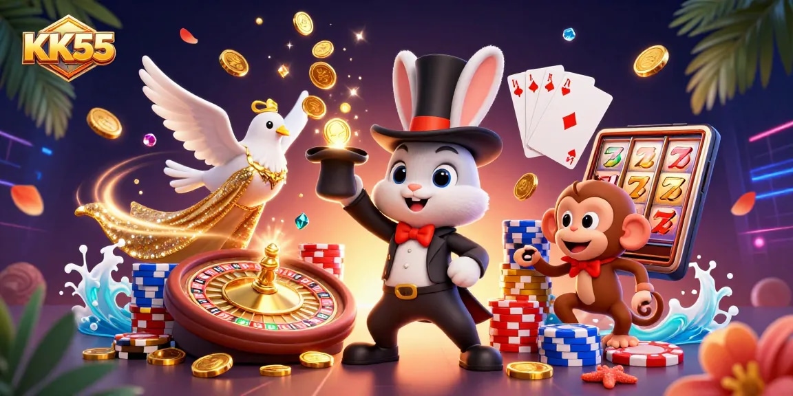 KK55 showcases entertaining 3D lively casino scene with characters surrounded by golden coins and poker chips.