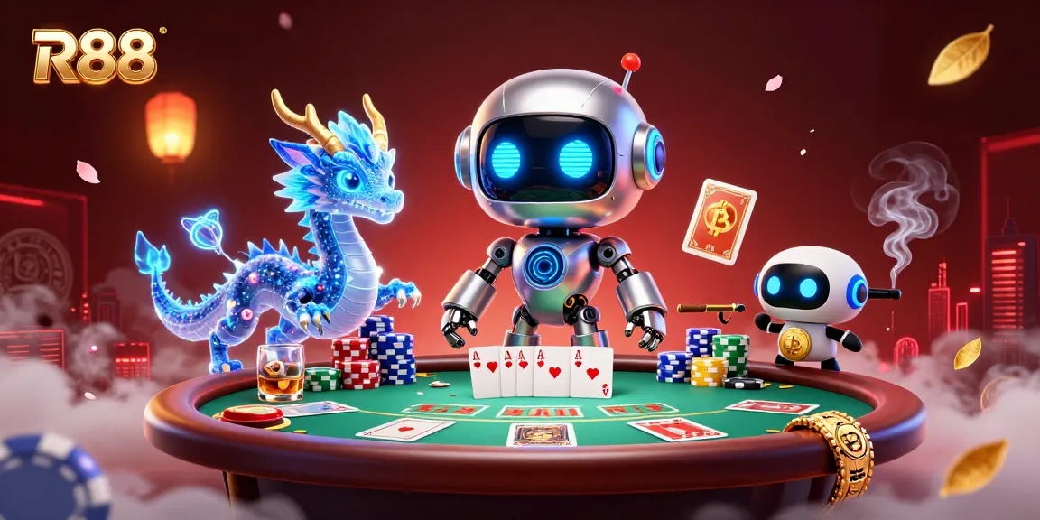 Engage with the vibrant R88 casino scene showcasing characters and poker elements.