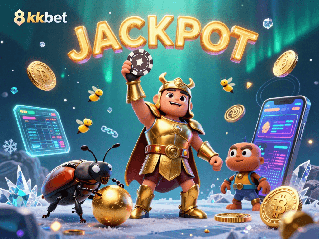 Experience thrilling wins at 8xbet featuring a victorious beetle in armor, jackpot spelled by fireflies.
