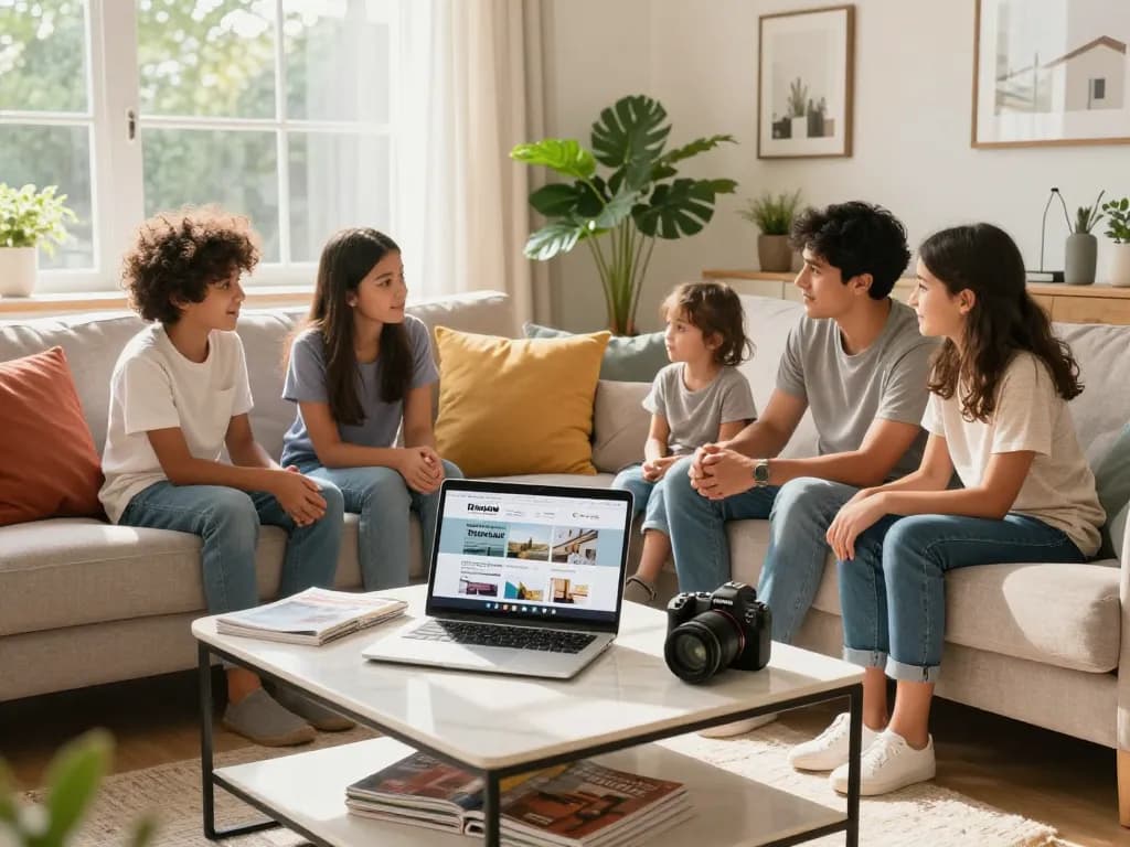 Familia acogedora discutiendo opciones de servicios hogar en una sala de estar elegante.