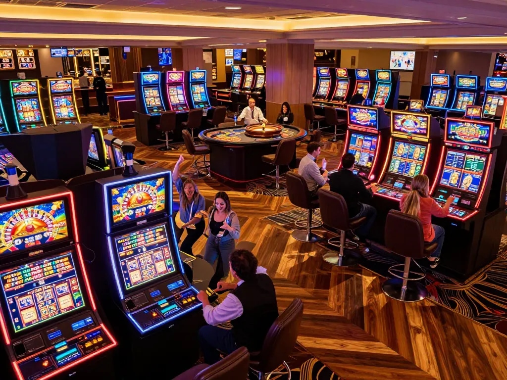 Engaged players at the vibrant 78wind casino, celebrating wins at slot machines and roulette tables.