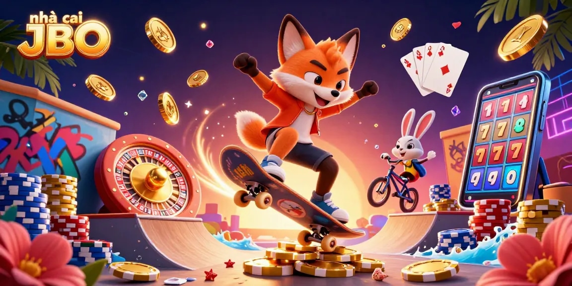 nhà cái JBO showcases a vibrant scene of a skateboarder fox and BMX rabbit performing tricks amidst casino elements.
