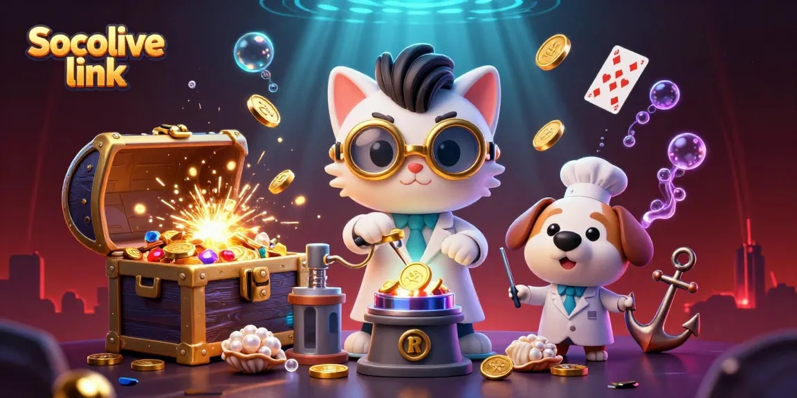Socolive link showcases a vibrant scene with a mad scientist cat and dog amid casino elements, creating an engaging gambling atmosphere.