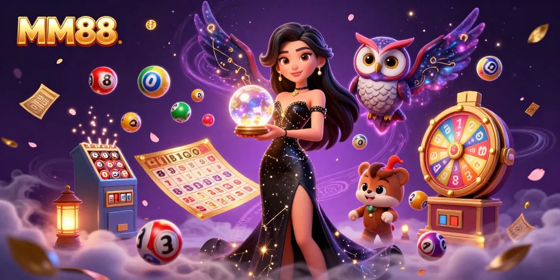 Engage with MM88's thrilling gaming experience as vibrant elements and characters animate the casino landscape.