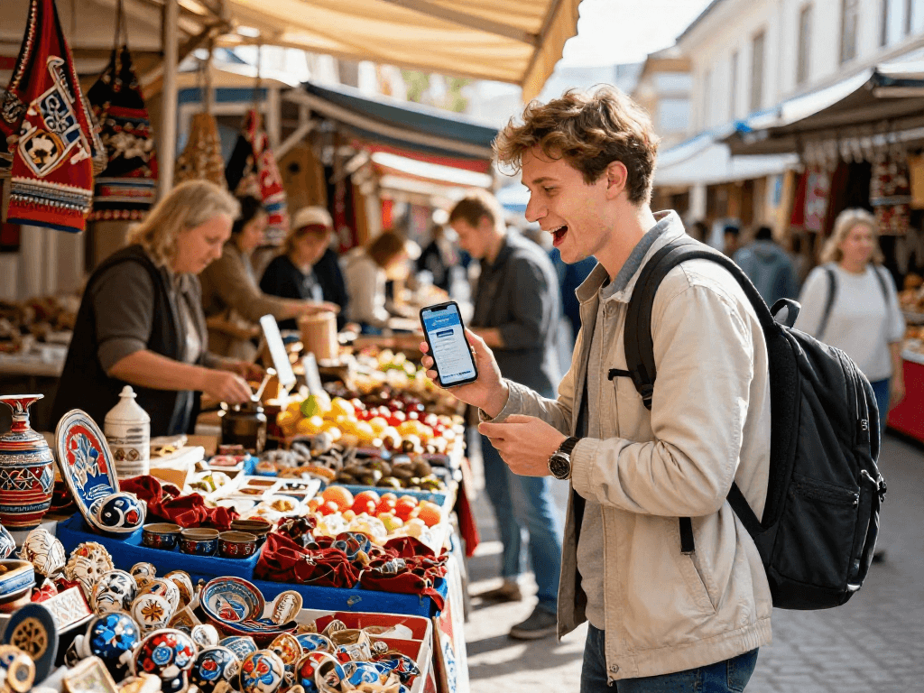 Pago sin complicaciones en Rusia con https://payinrussia.com/ mientras viajo por un animado mercado local.