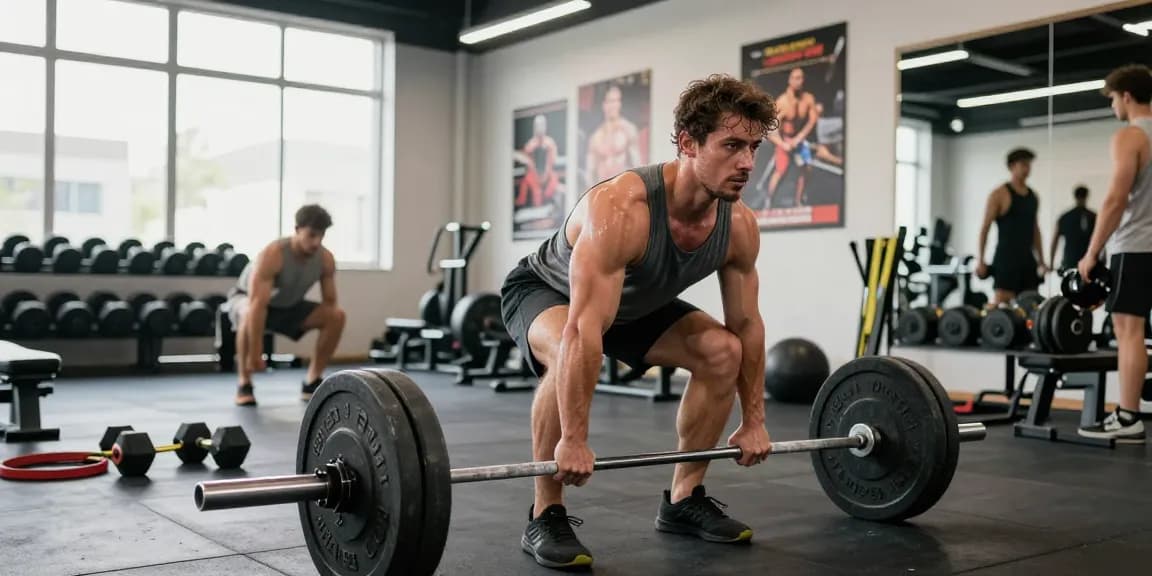 Entrenamiento en el gimnasio con Esteroidesshop, hombre levantando pesas y ambiente motivador