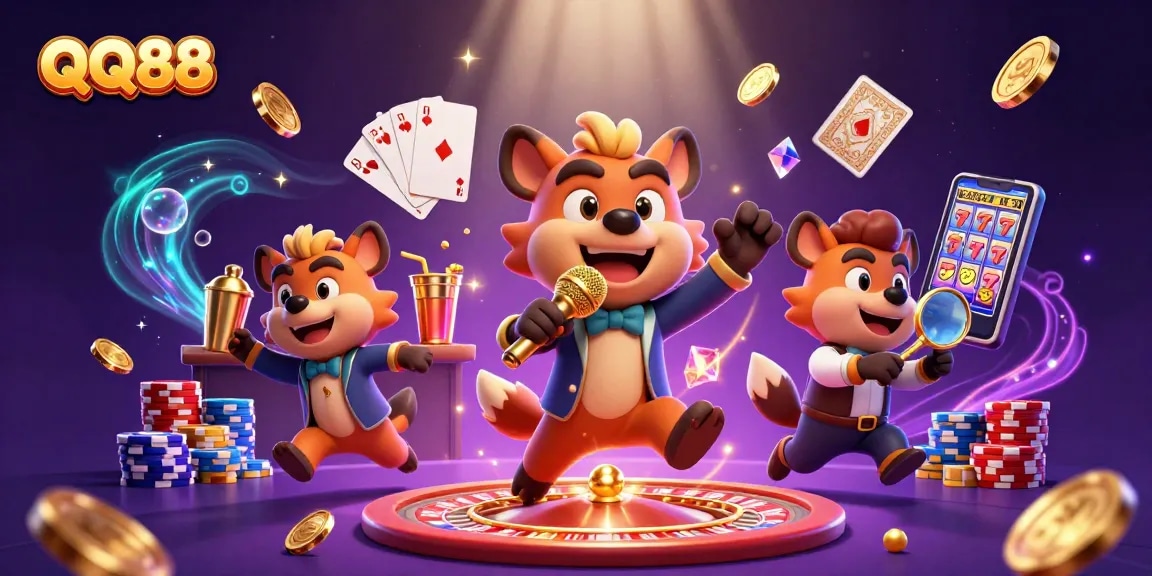 Experience thrilling gameplay with QQ88 as cartoon hyenas bring the comedy casino to life amid sparkling gems and coins.