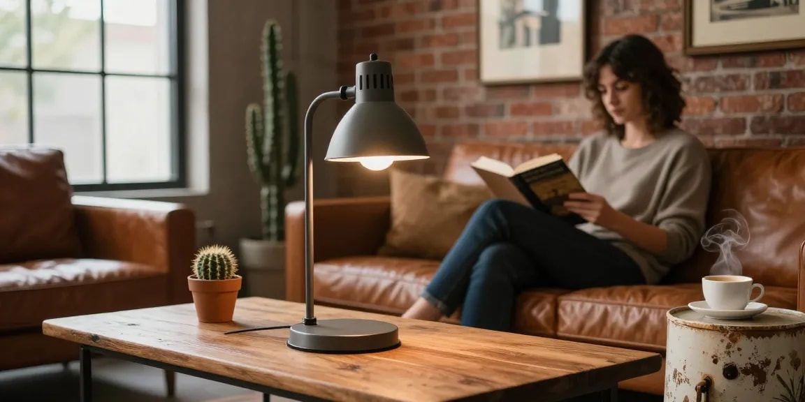 A stylish lampara mesa industrial illuminating a cozy industrial living room with rustic decor.