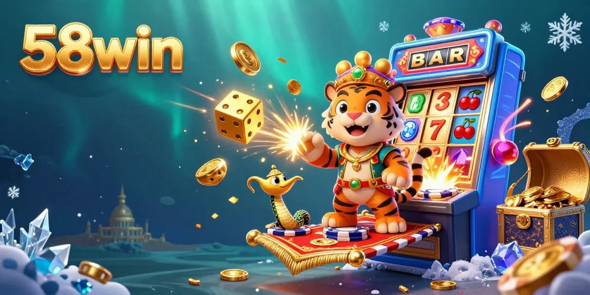 Experience the thrill of 58win's exciting casino games with a vibrant 3D illustration capturing the essence of online gambling.