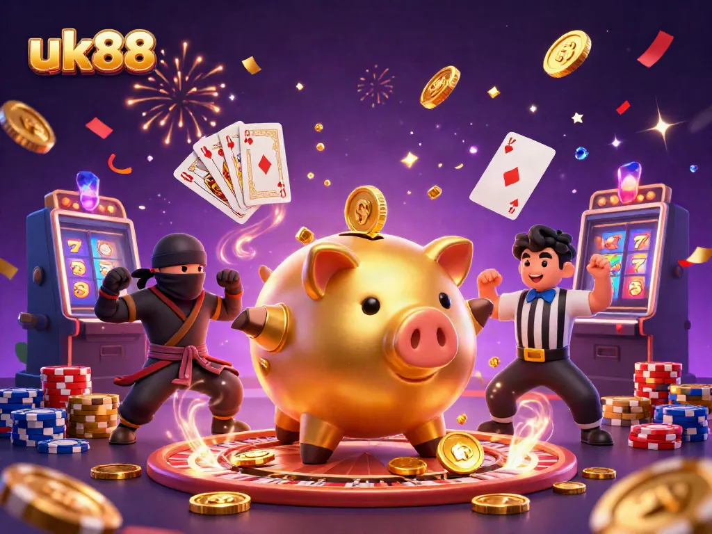 Experience the excitement of uk88 with a golden piggy bank sumo wrestler surrounded by coins and casino elements.