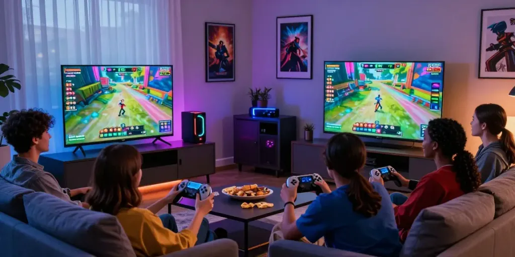 Friends enjoying rokok88 login gaming experience together in a cozy living room.