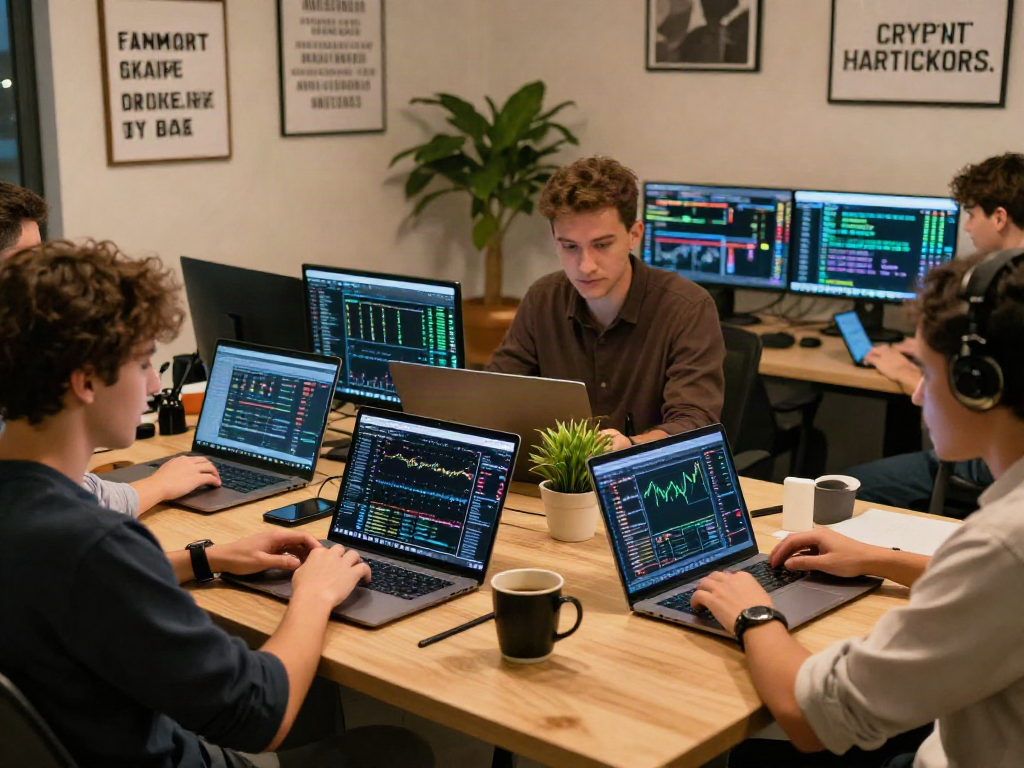 Ambiente de trading cripto con personas usando plataformas digitales y gráficos en un espacio moderno