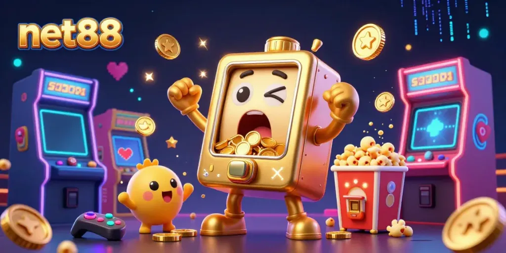 Celebrate big wins at net88 with a joyful golden slot machine and friends amidst vibrant arcade elements.