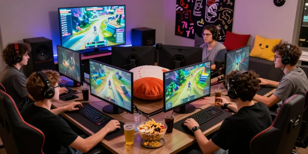 Un grupo diverso disfrutando de una sesión de juegos en línea en phuwerte-inwersowia.com rodeados de snacks y emocionantes gráficos.