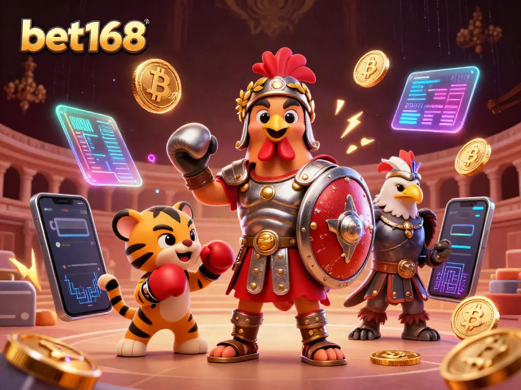 Engage in thrilling gameplay with bet168 as a gladiator rooster and tiger cub spar amid a vibrant casino scene.