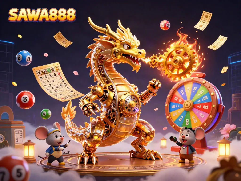 Enjoy thrilling gameplay with SAWA888, showcasing a golden dragon and interactive casino elements like lottery balls.