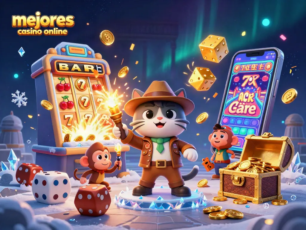 Disfruta de los mejores casinos online con un explorador gato y su mono, rodeados de jackpots