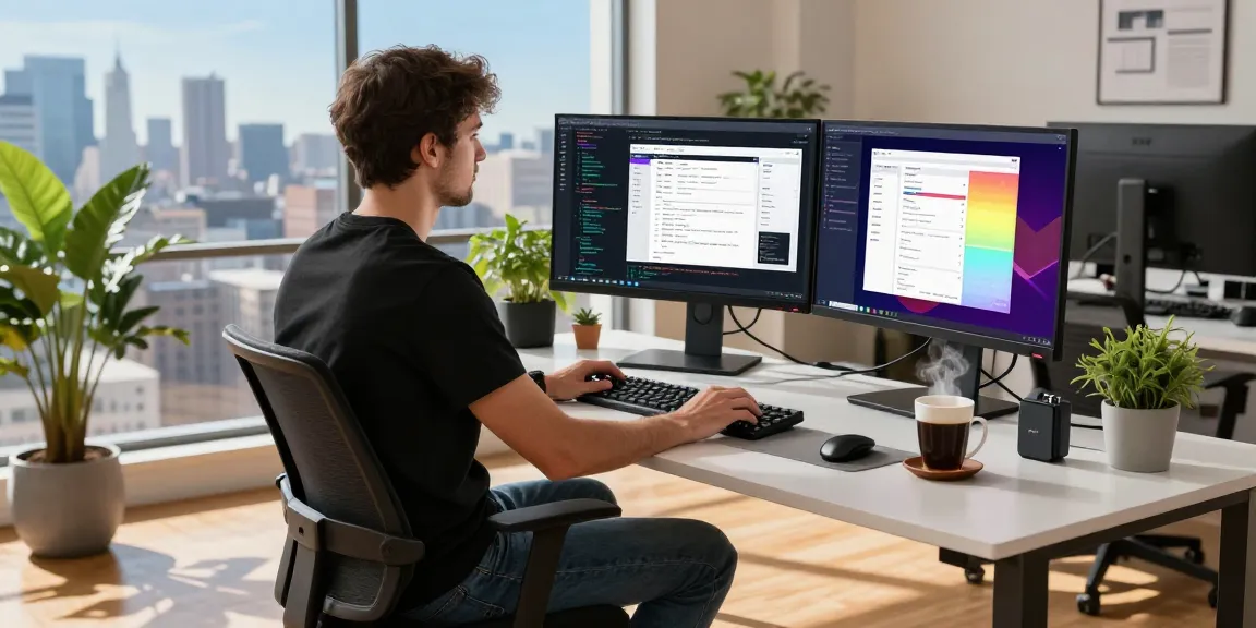 Dynamic software development workspace featuring a developer coding on dual monitors, showcasing the WPS Official Website.
