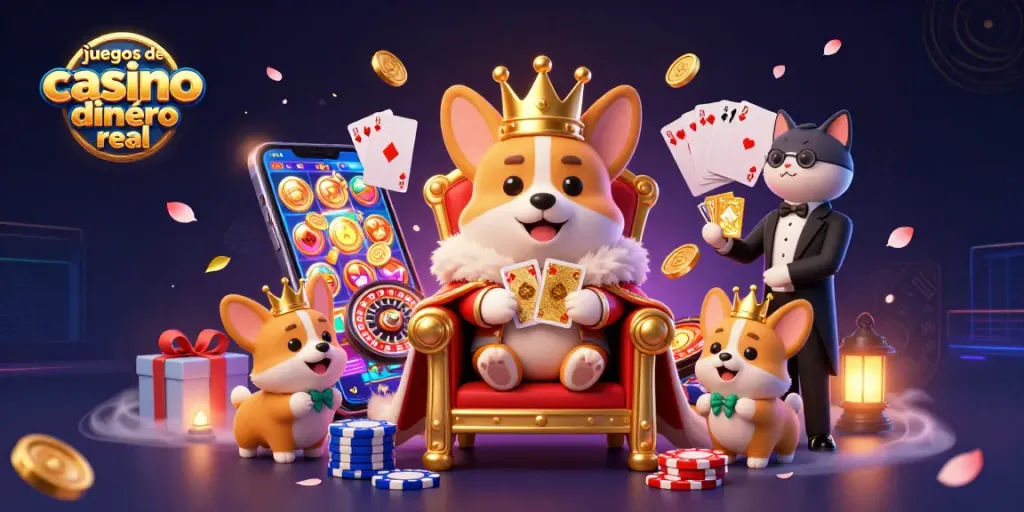 Juega en los mejores juegos de casino dinero real con un corgi y un mayordomo, rodeado de monedas doradas.