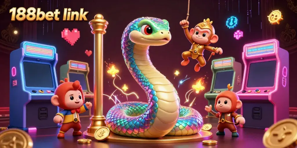 Experience thrills at 188bet link with a vibrant scene of gaming characters and casino elements.