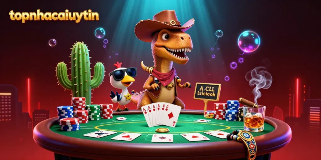 Engage in exciting poker with topnhacaiuytin's dynamic 3D illustration of a cowboy dinosaur and friends.