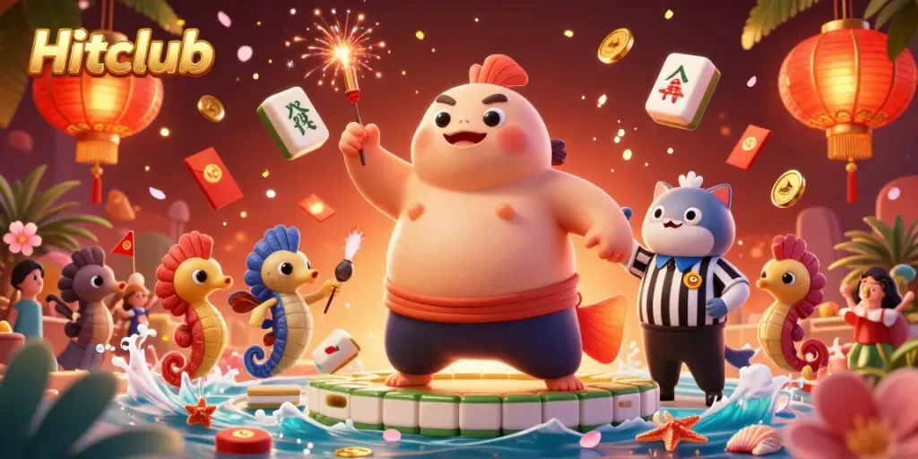 Experience the excitement of Hitclub as seahorses cheer and a fugu battles in a vibrant underwater casino scene.