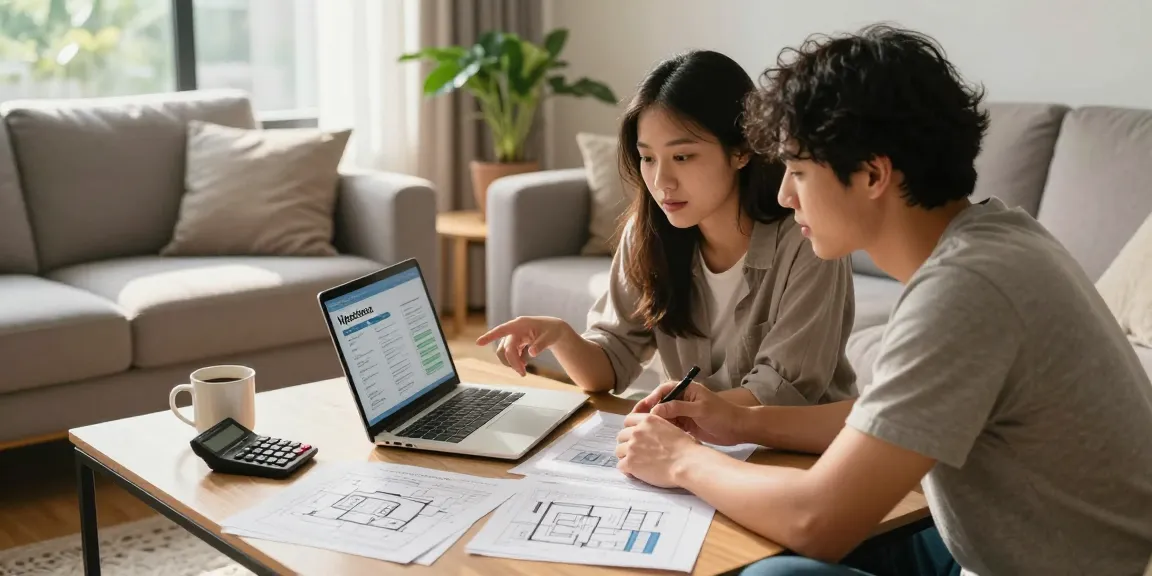 Couple using a calculadora hipoteca in a cozy living room to discuss mortgage options.