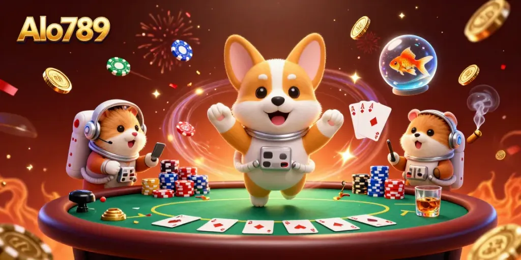 Play poker with Alo789 in a vibrant 3D casino scene featuring a cartoon astronaut corgi and a mission-control hamster.