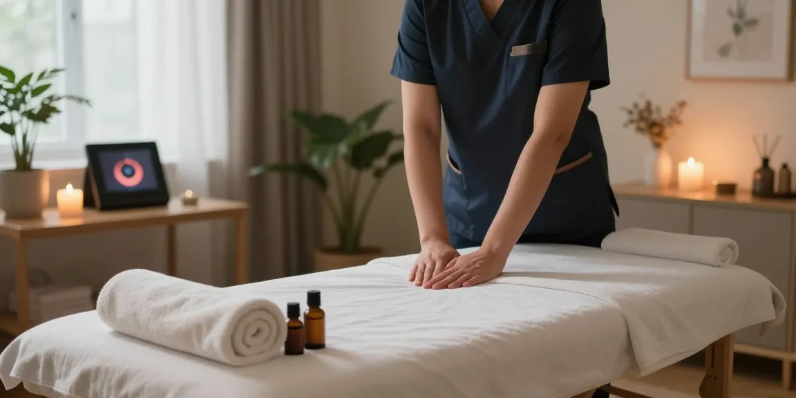 Relaxing 오산출장마사지 scene in a tranquil home setting with aromatic oils and soothing ambiance.