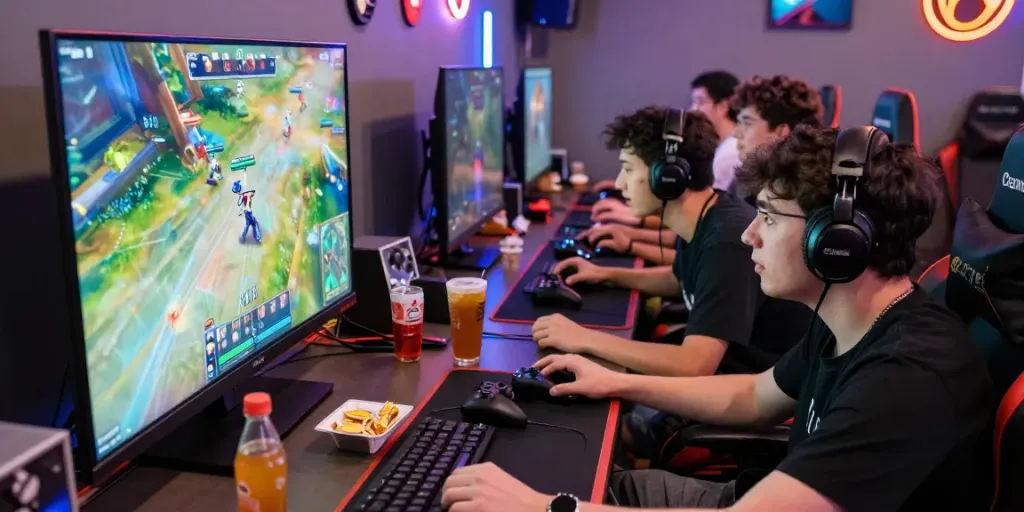 Group of gamers enjoying competitive play in a vibrant lounge, rokok88 login highlighting the fun atmosphere.