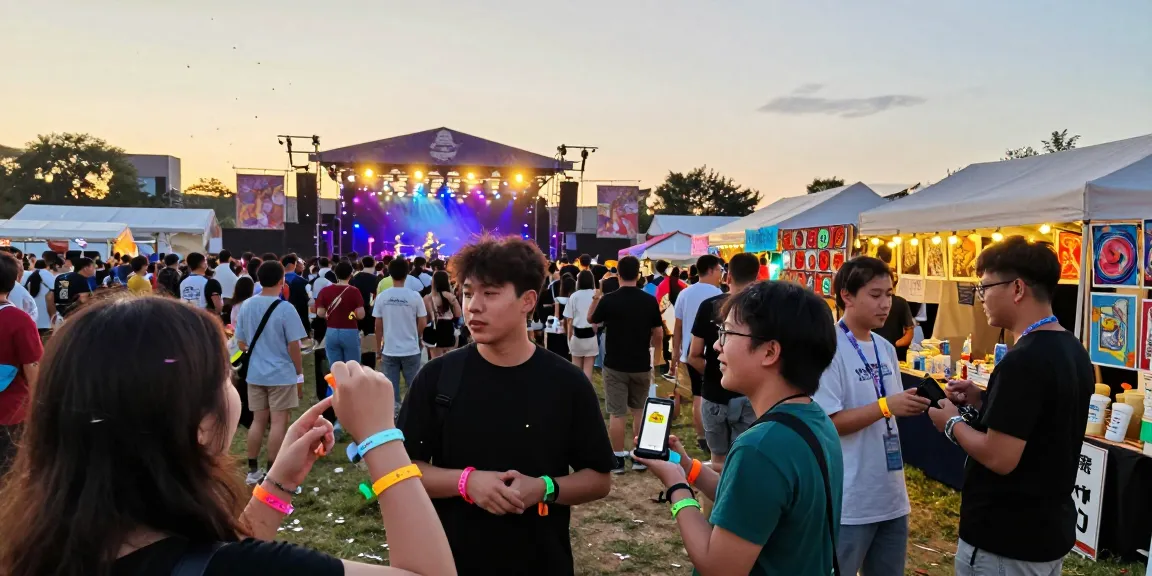 Engaged festival-goers using pulseras NFC para festivales for seamless access and payments.