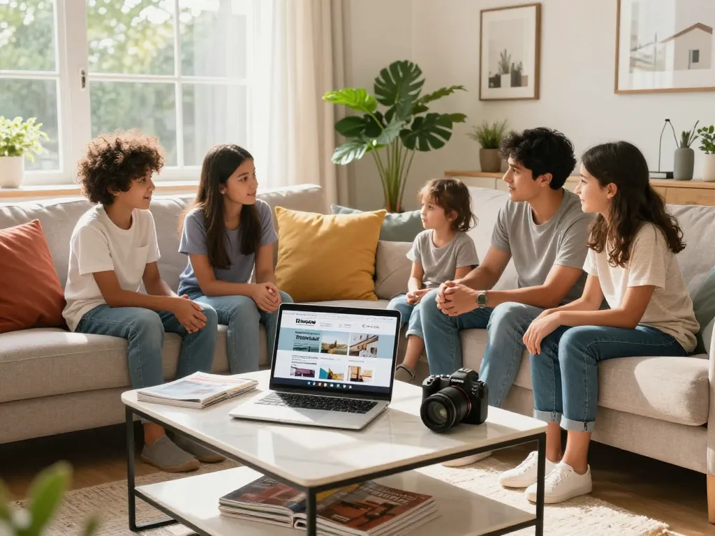 Familia acogedora discutiendo opciones de servicios hogar en una sala de estar elegante.