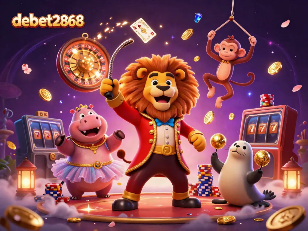 Experience vibrant gaming action at debet2868 with dazzling circus characters and casino elements.